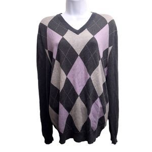 Express Argyle Silk/Cashmere Pullover Sweater Grey Pink V Neck Academic Preppy L